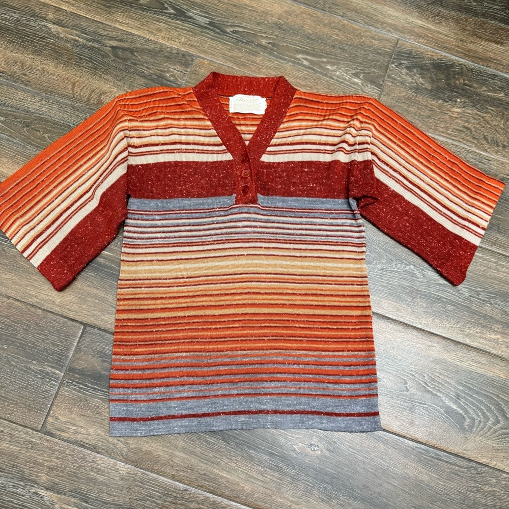 Sheridan Vintage 70s Acrylic Knit Sweater Striped Bell Sleeve Hippie Boho S